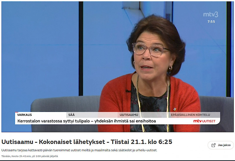 Silja Paavola, kuvakaappaus MTV:n Uutisaamusta 21.1.2020.
